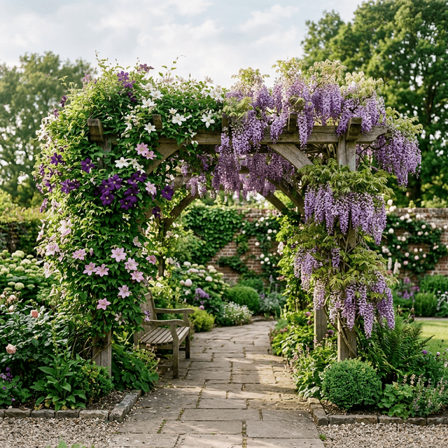 Klimplanten op een houten pergola