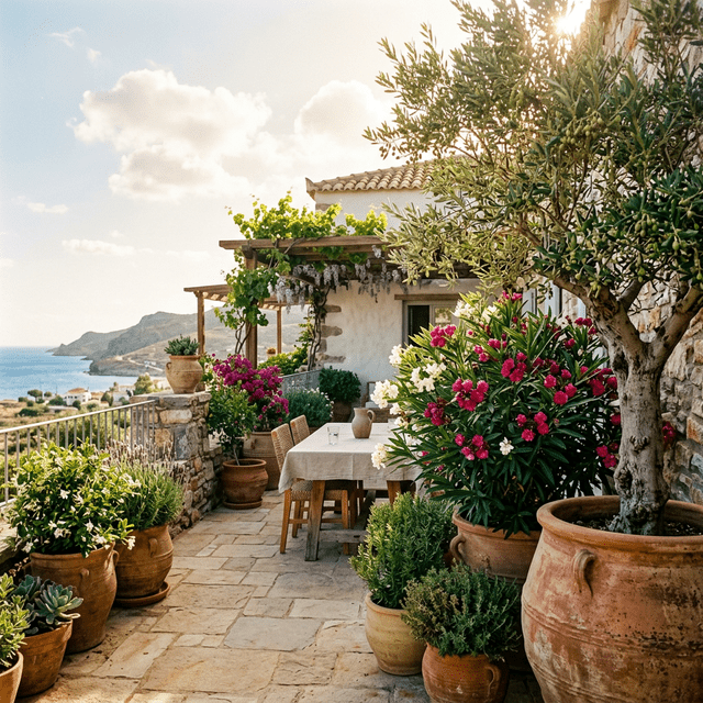 Mediterrane planten op een zonnig terras