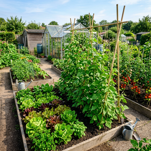 Productieve moestuin met verhoogde houten bedden