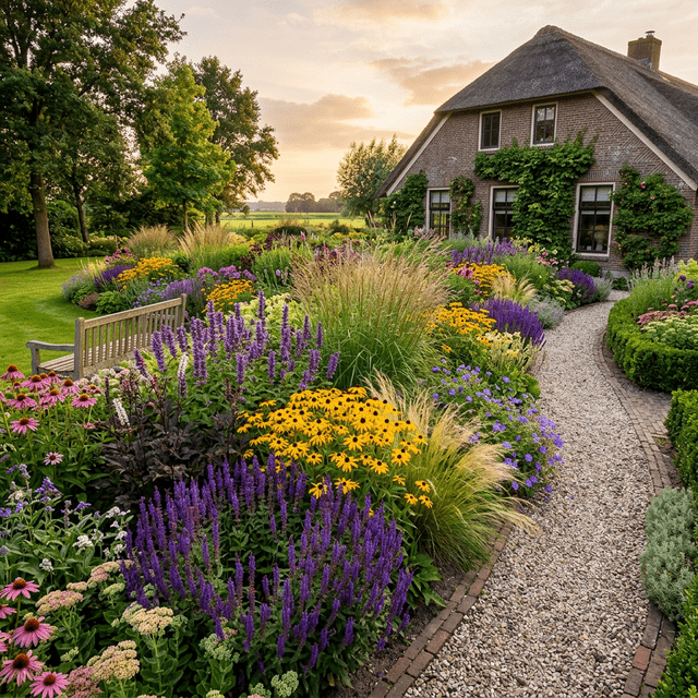 Weelderige bloeiende border met vaste planten